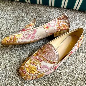 Brocade red and gold loafers